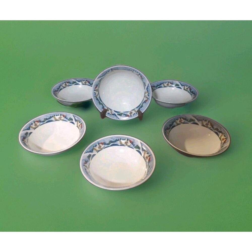 Holiday Dining Oneida Snow Valley Cereal Bowls Snowman Print Blue White 6pc Set